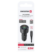 Adapter Swissten Car Charger USB-C PD + USB-A, 63W + cabel USB-C / USB-C, 1 m