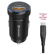 Adapter Swissten Mini Car Charger USB-C PD + USB-A, 20W + cabel USB-C / USB-C, 1 m