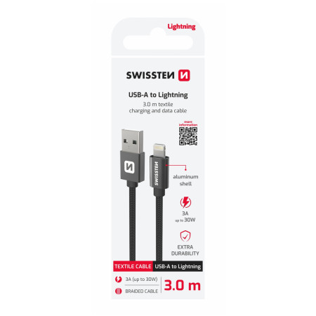 Lade- und Datenkabel Swissten Textile USB / Lightning 3 m schwarz černá
