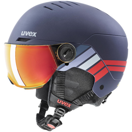 Kinder Skihelm Uvex Rocket Jr. Visor dunkelblau navy - red stripes