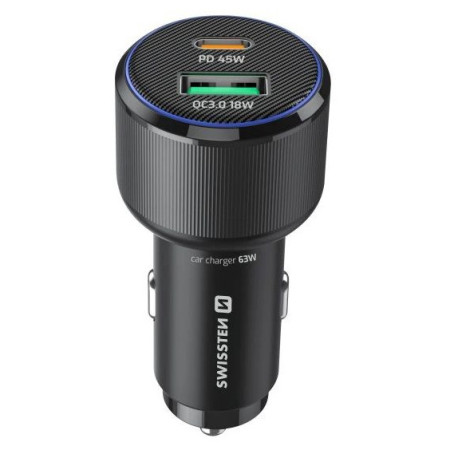 Adapter Swissten Car Charger USB-C PD + USB-A, 63W + cabel USB-C / USB-C, 1 m