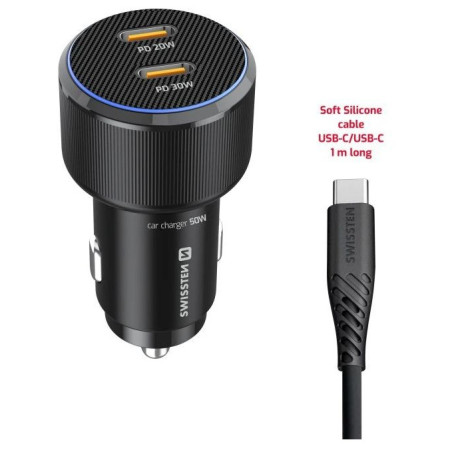 Adapter Swissten Car Charger 2X USB-C PD, 50W + cabel USB-C / USB-C, 1 m