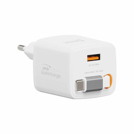 Adapter Swissten SlideCharge Gan 45W, 1X USB-A 18W + kabel USB-C 0,75 m weiß bílá