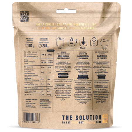 Trekkingnahrung Lyo food Kakao-Granola mit Erdbeeren