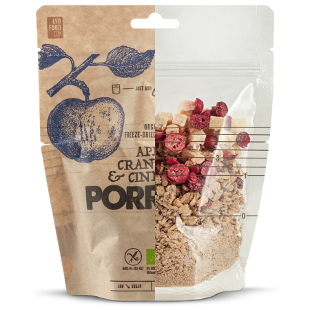 Trekkingnahrung Lyo food Haferbrei mit Äpfeln, Preiselbeeren und Zimt